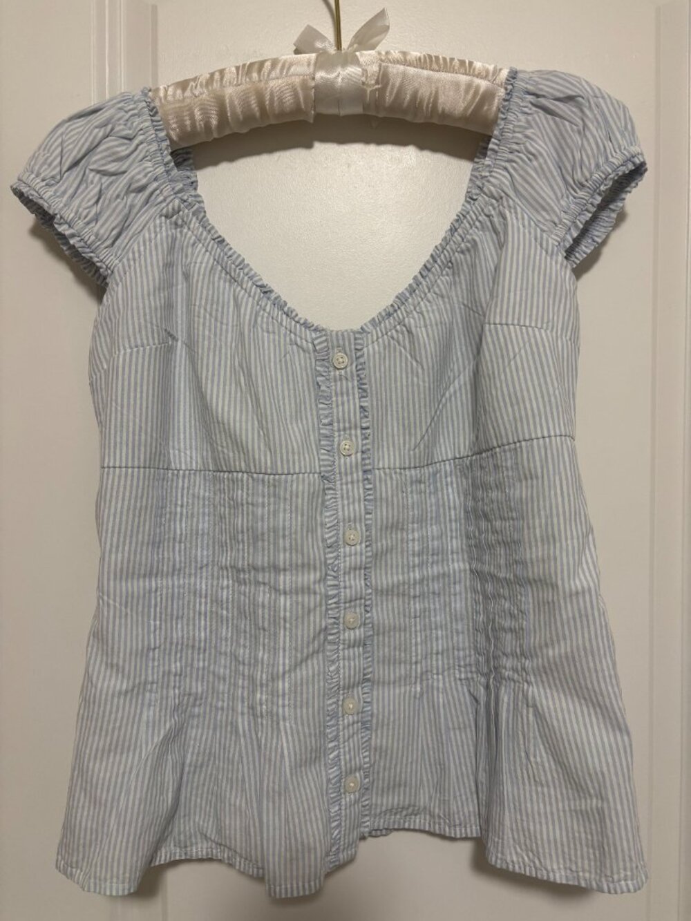 Hollister Blue White Stripe Cap Sleeve Smocked Peplum Blouse NWT M - Picture 2 of 11